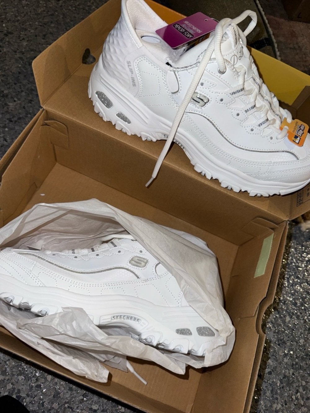 Skechers Women's White Chunky Platform Sneakers with Silver Accents